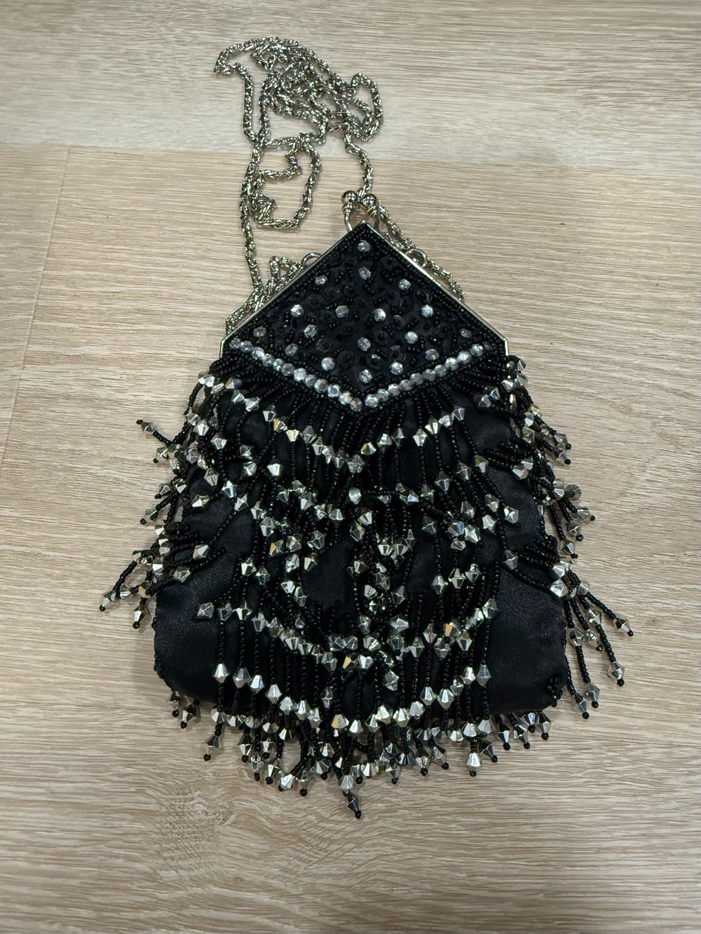 Vintage Black Beaded Fringe Evening Crossbody Bag